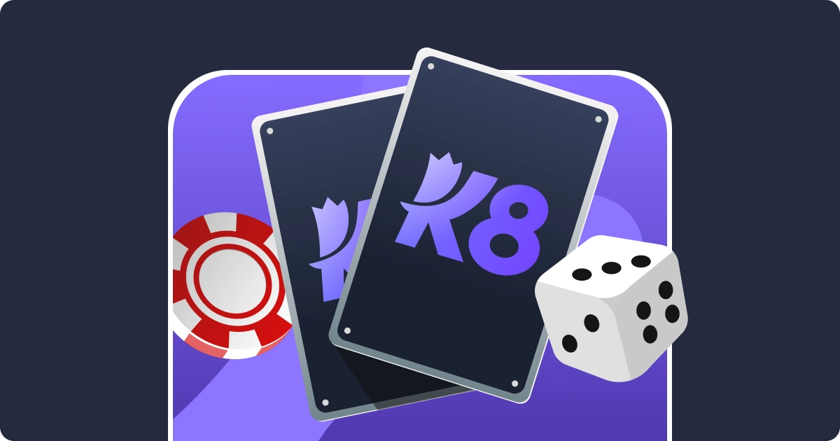 Casino-themed graphic featuring two playing cards with 'K8' logo, a red and white poker chip, and a six-sided dice on a purple background.