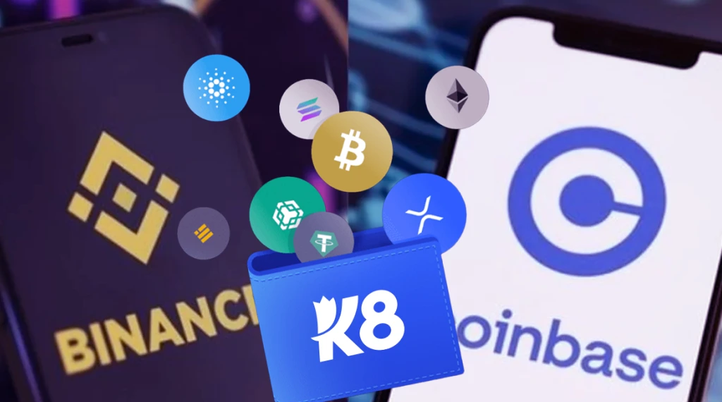 Logos of Binance and Coinbase on phone screens with various cryptocurrency icons, including Bitcoin, Ethereum, and the USDT exchange, floating in between.