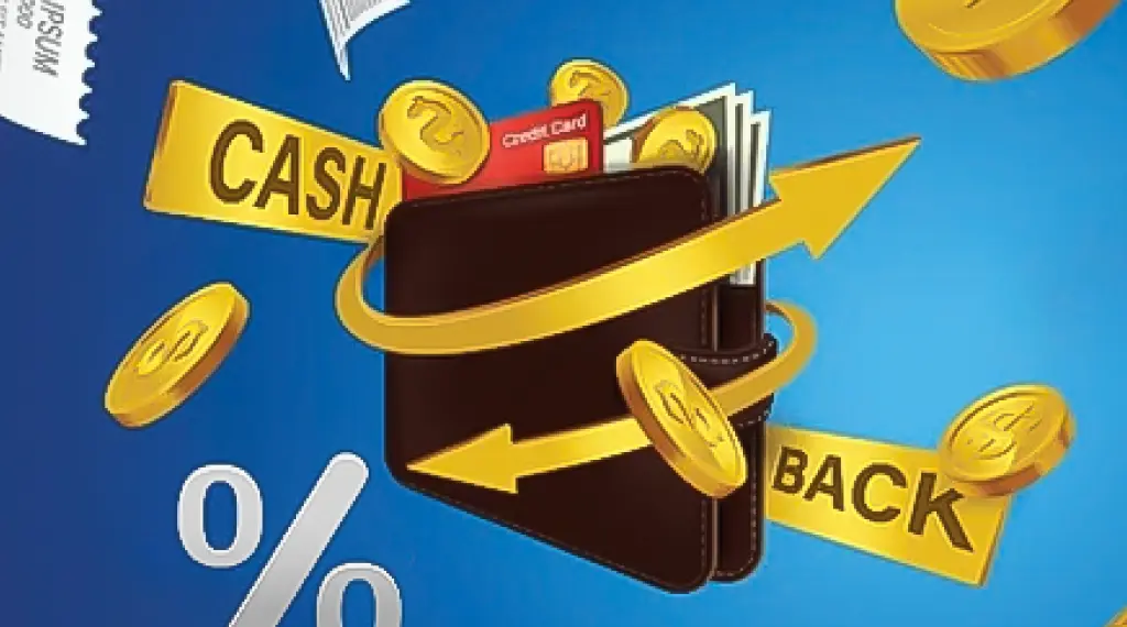 A wallet with cash, coins, and a credit card, featuring arrows and the words "Cash Back."