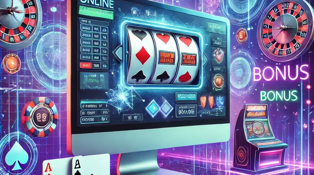 A computer screen displaying an online slot machine game, surrounded by casino elements like roulette wheels, poker chips, and playing cards, with the word "BONUS" highlighted.