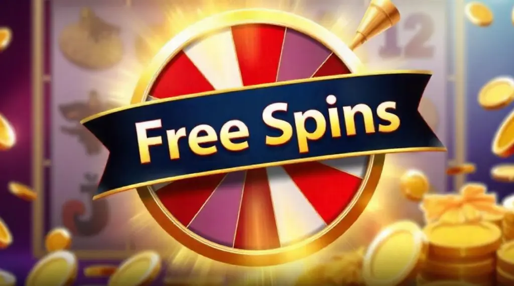 A spinning wheel with the text "Free Spins" and gold coins in the background.