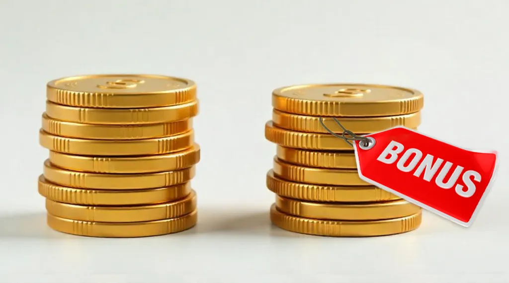 Two stacks of gold coins with a red "BONUS" tag attached to one stack.