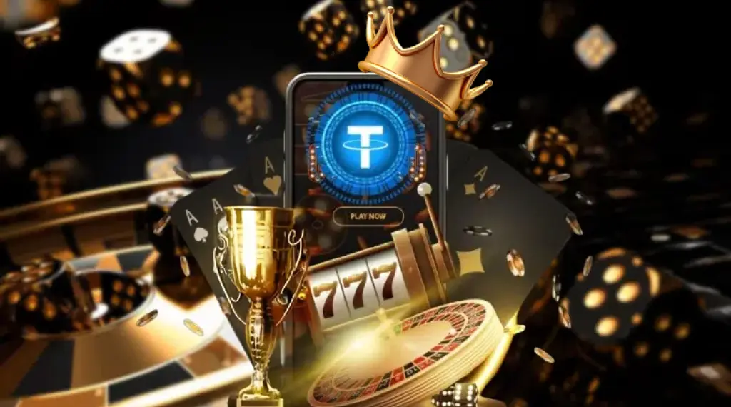 A mobile device with a crown, surrounded by casino elements like dice, cards, and a VIP trophy.