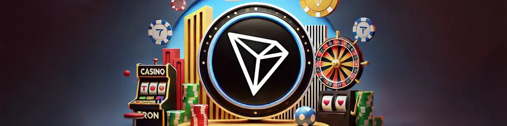 Tron symbol surrounded with slot machines and chips.