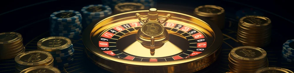 A golden roulette wheel elegantly displayed, encircled by a pile of shimmering gold coins.