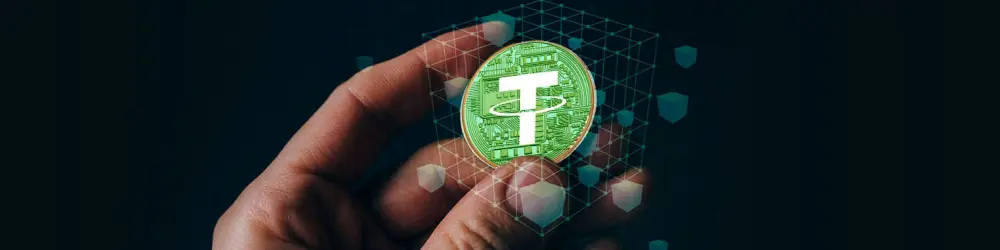 A hand holding a Tether coin with flying shield icons, symbolizing the security of Tether casinos.