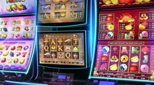 Brightly lit slot machine screens displaying various themed games with vibrant graphics and colorful symbols.