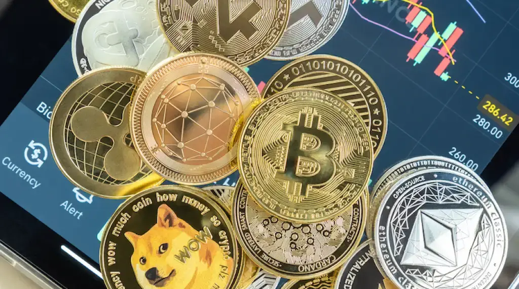 Collection of various cryptocurrency coins, including Bitcoin, Ethereum, and Dogecoin, displayed over a market chart background.