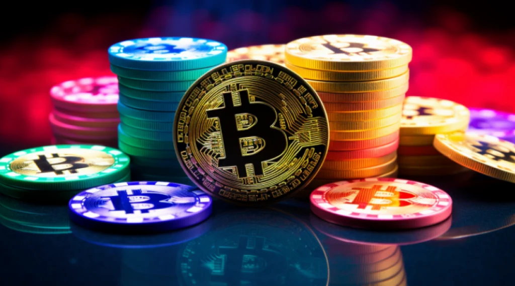 Stacks of colorful Bitcoin-themed poker chips and coins against a vibrant backdrop.