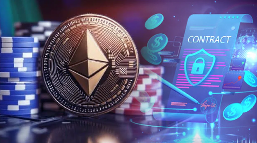 Close-up of an Ethereum coin with poker chips and a digital contract interface, symbolizing Ethereum casinos and blockchain security.