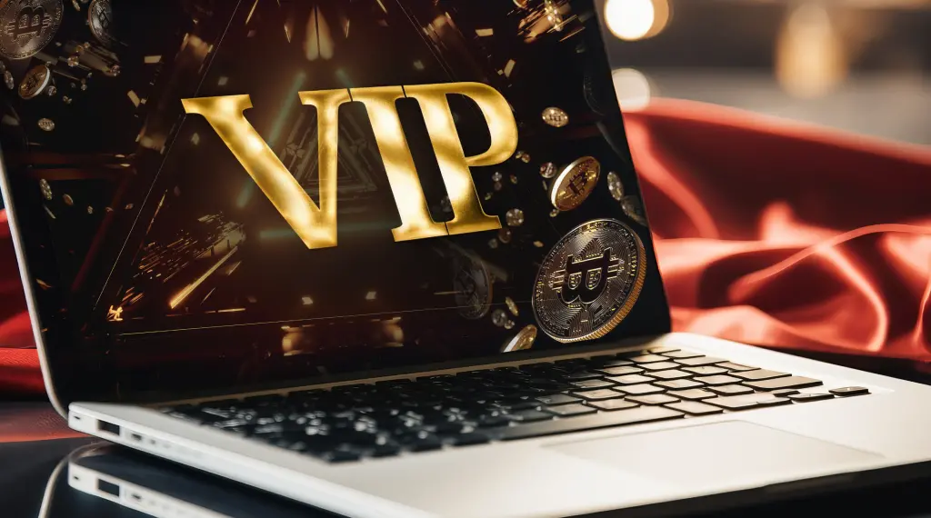  A laptop computer screen displaying the word "VIP" in large, golden text.