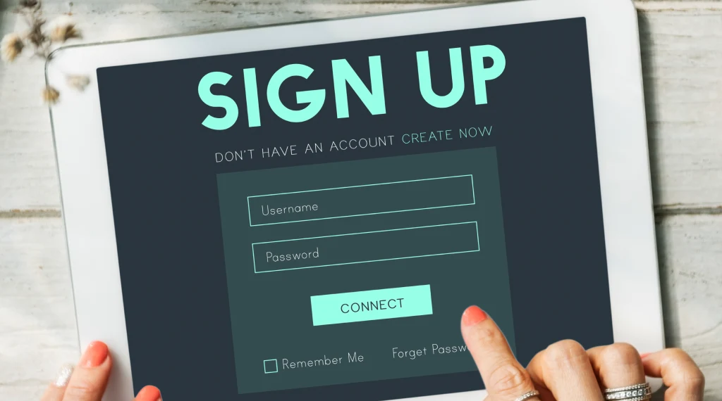 Tablet screen displaying a 'Sign Up' form with username and password fields, highlighting account creation.