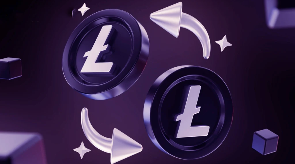 Two Litecoin symbols with arrows indicating exchange, representing Litecoin casinos and cryptocurrency transactions.