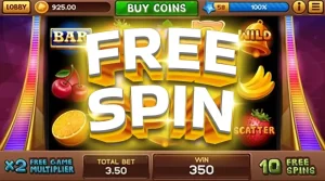 Online slot game interface showcasing a 'FREE SPIN' reward with vibrant fruit symbols and bonus features displayed.