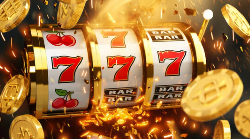 Slot machine with a winning combination of 7s, surrounded by Bitcoin coins and golden sparks, symbolizing Bitcoin casino bonuses.