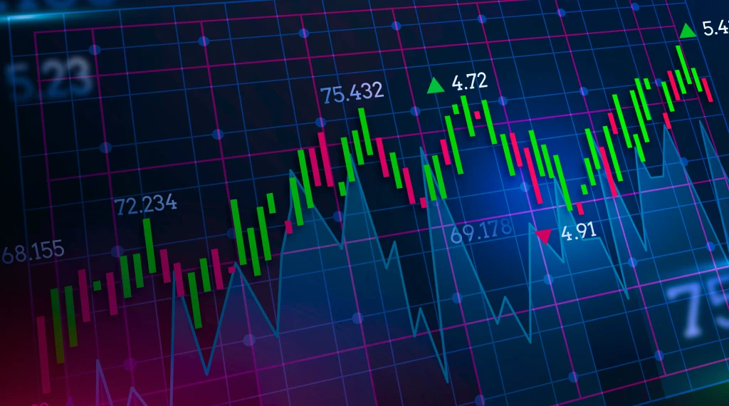 A close-up view of a stock chart displaying fluctuating prices and trends over time.