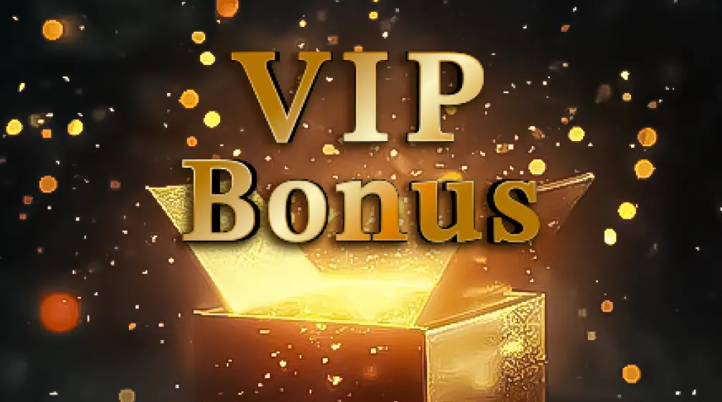 An animated image with the text "VIP Bonus" in large, golden letters surrounded by glowing particles and shapes.