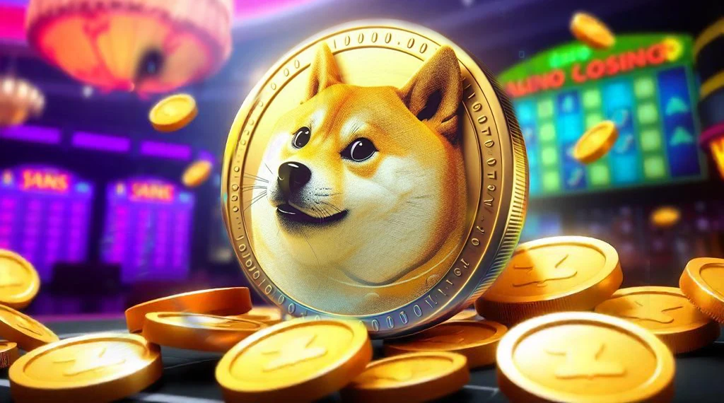 Dogecoin-themed coin surrounded by smaller coins, set in a vibrant casino environment, symbolizing Dogecoin casinos and cryptocurrency gaming.