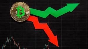 Bitcoin coin overlaid with green upward and red downward arrows, symbolizing market volatility and return-to-player (RTP) rates.