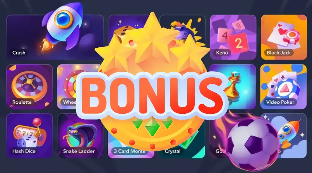 Brightly illustrated casino games with a prominent 'BONUS' badge, highlighting anonymous gameplay and rewards.