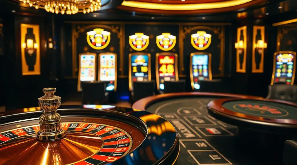 A casino interior featuring slot machines, roulette tables, and other gambling equipment.