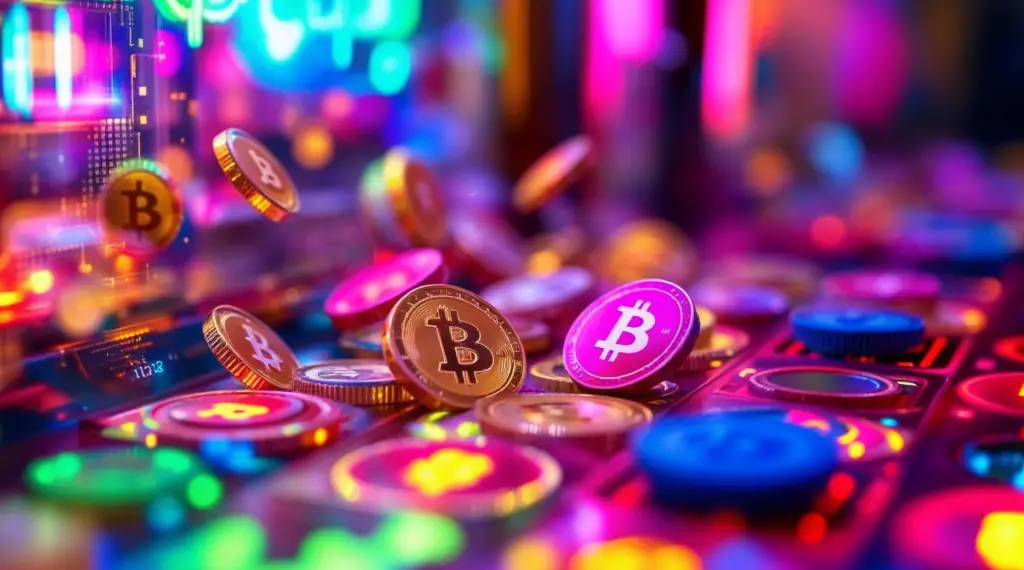 Bitcoin-themed pachinko machine with colorful lights and flying coins.