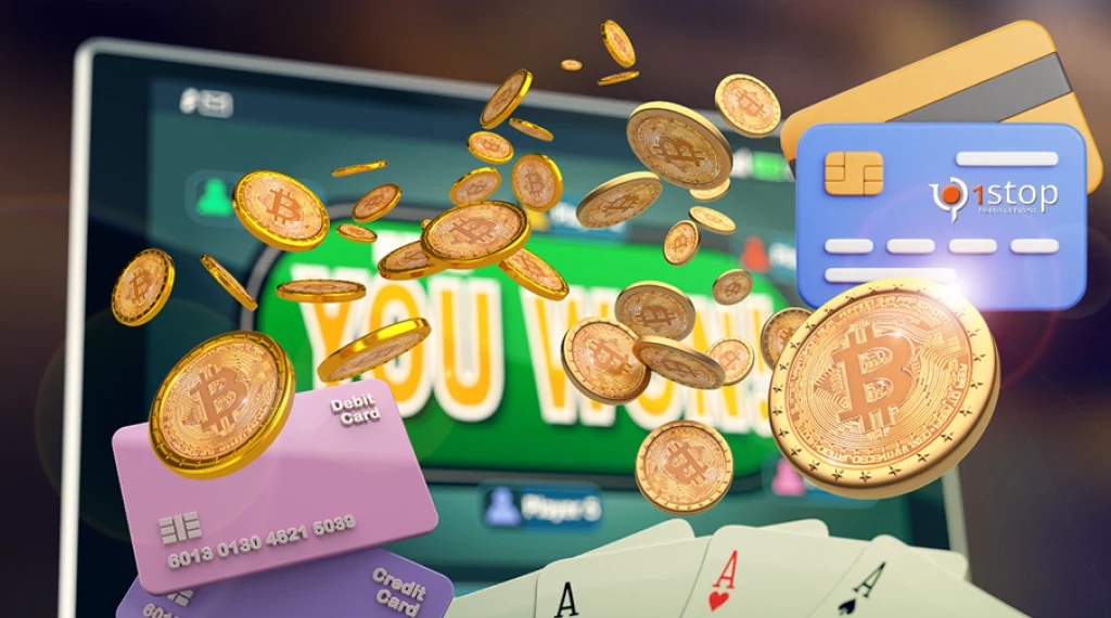 A poker table with a playing card and a Bitcoin card, representing the fusion of conventional card games and modern digital currency.