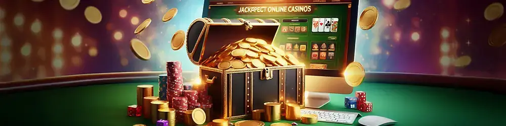 Jackpot online casinos with stacks of gold coins and gambling elements.