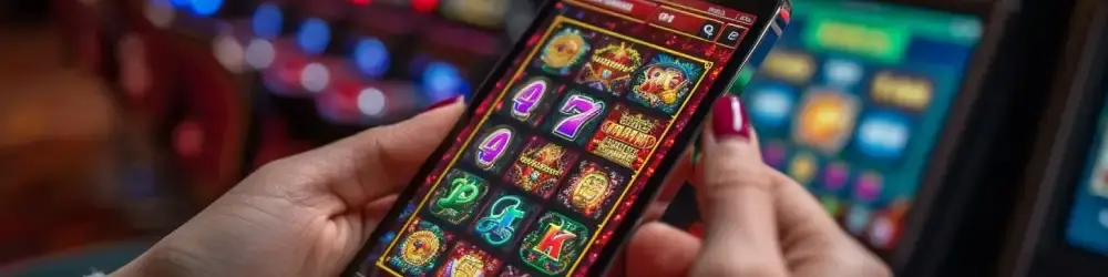 Person holding a smartphone displaying a vibrant online slot game interface, with slot machines in the background.