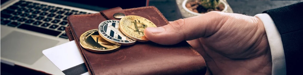 A man's hand holding a wallet with cryptocurrency coins, including Bitcoin and Litecoin, placed near a laptop.