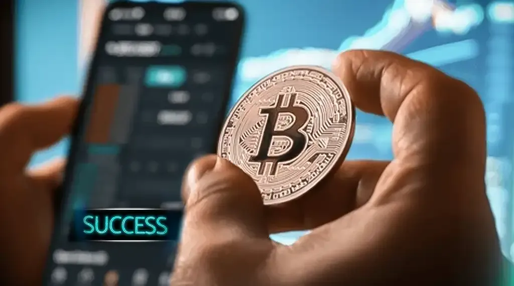 A person holding a Bitcoin coin with a trading app.