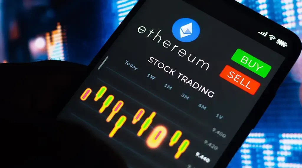 Ethereum trading screen with buy and sell options.