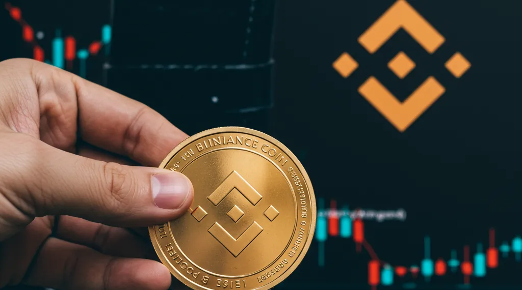 A hand holding a physical Binance Coin in front of a screen displaying the Binance logo and a trading chart.