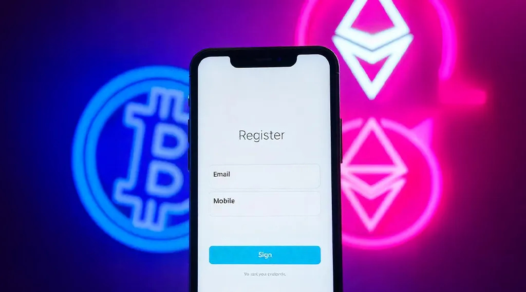 スマートフォンの画面に「登録」フォームが表示され、背景にはビットコインとイーサリアムのネオンロゴが光る。