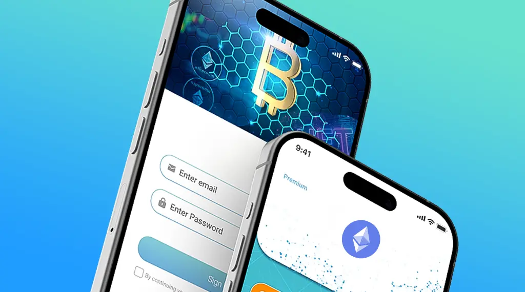 Two smartphones displaying cryptocurrency-themed login and transaction interfaces.