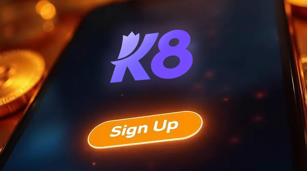 A smartphone screen displaying the K8 logo with a glowing 