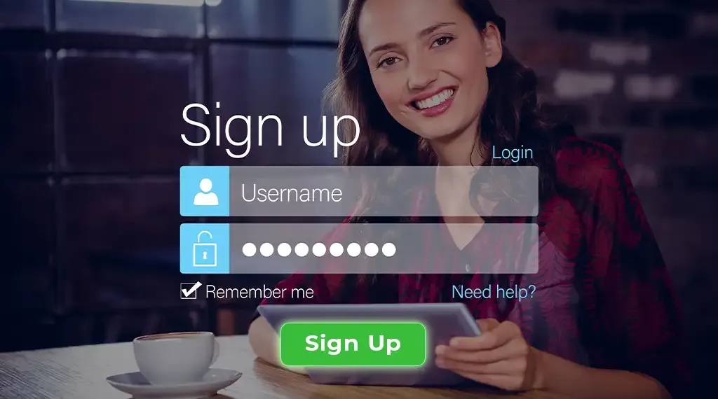 A smiling woman signing up on a tablet screen.