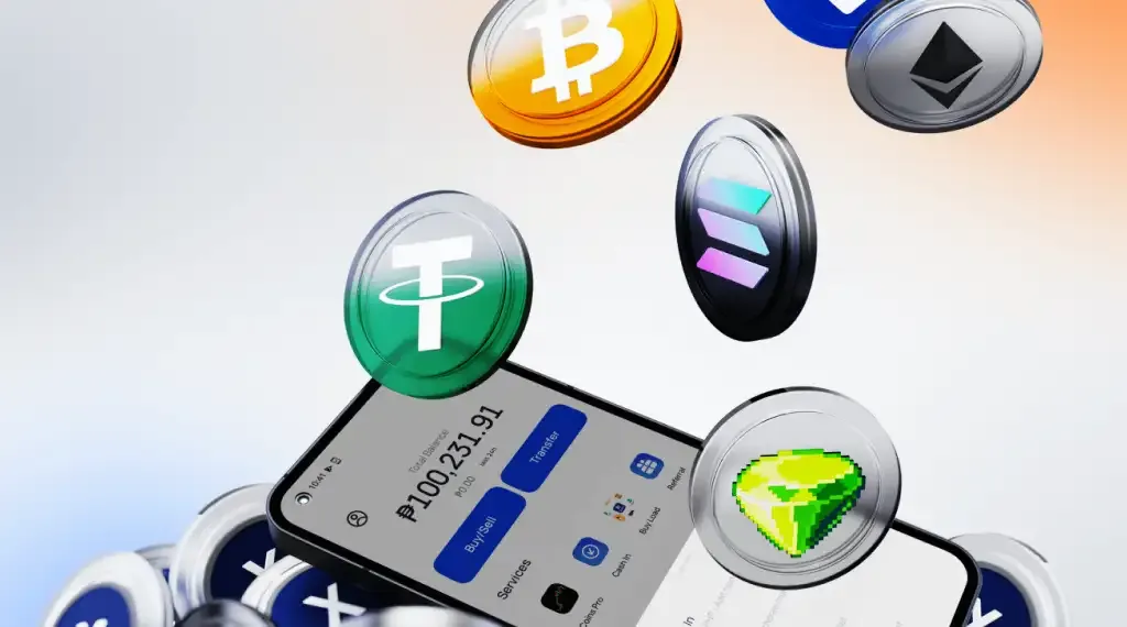 Floating cryptocurrencies above mobile wallet screen.