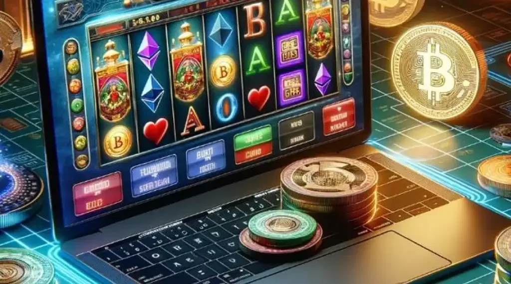 A laptop displaying a colorful cryptocurrency-themed slot game, surrounded by Bitcoin coins and casino chips.