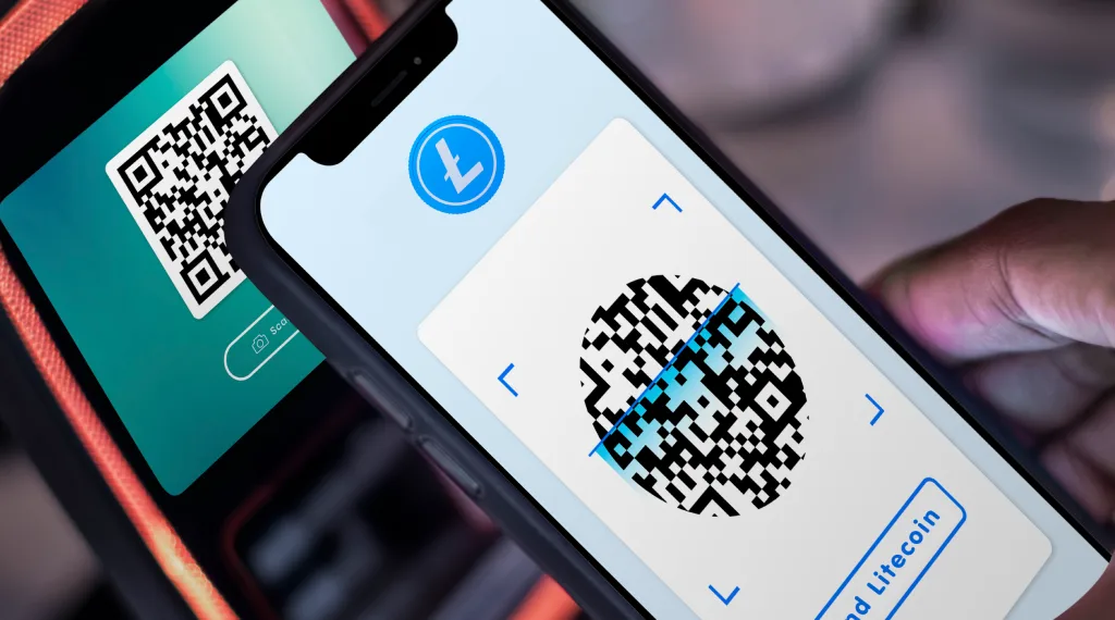 A smartphone scanning a QR code for a Litecoin transaction, illustrating the process of depositing LTC into an online casino wallet.