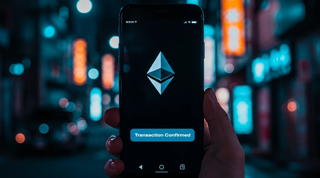 Hand holding phone displaying Ethereum logo and transaction confirmation.