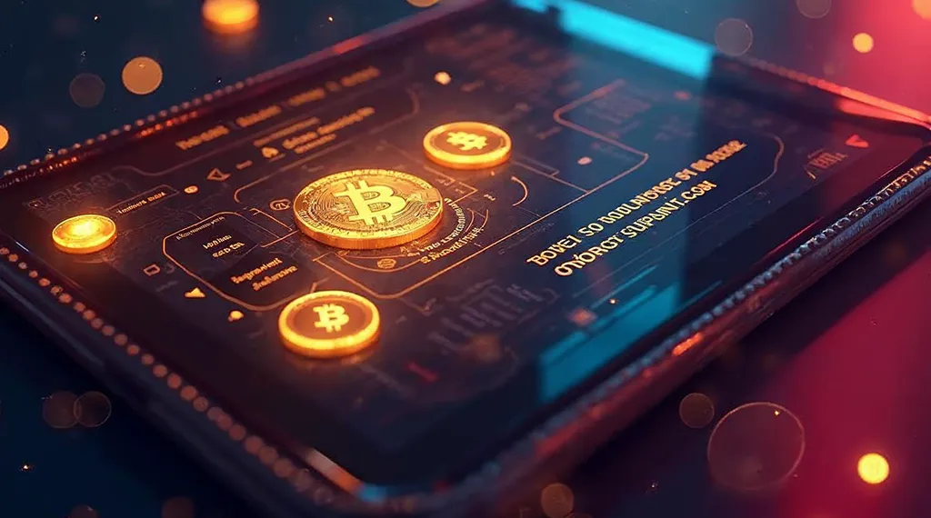 A digital tablet showcasing a Bitcoin-themed financial interface with glowing cryptocurrency elements.