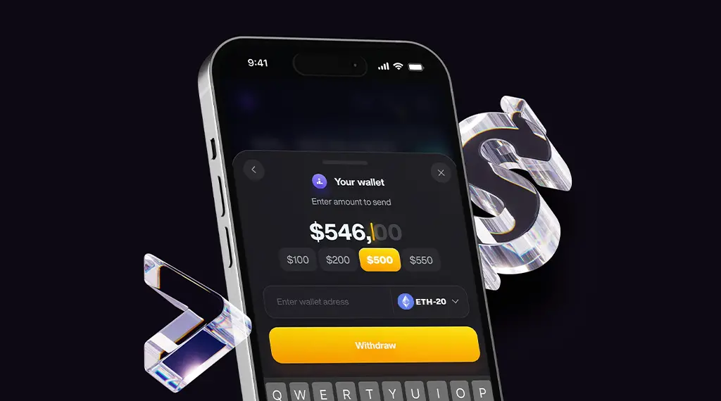 A smartphone screen showing a cryptocurrency wallet with a withdrawal interface.