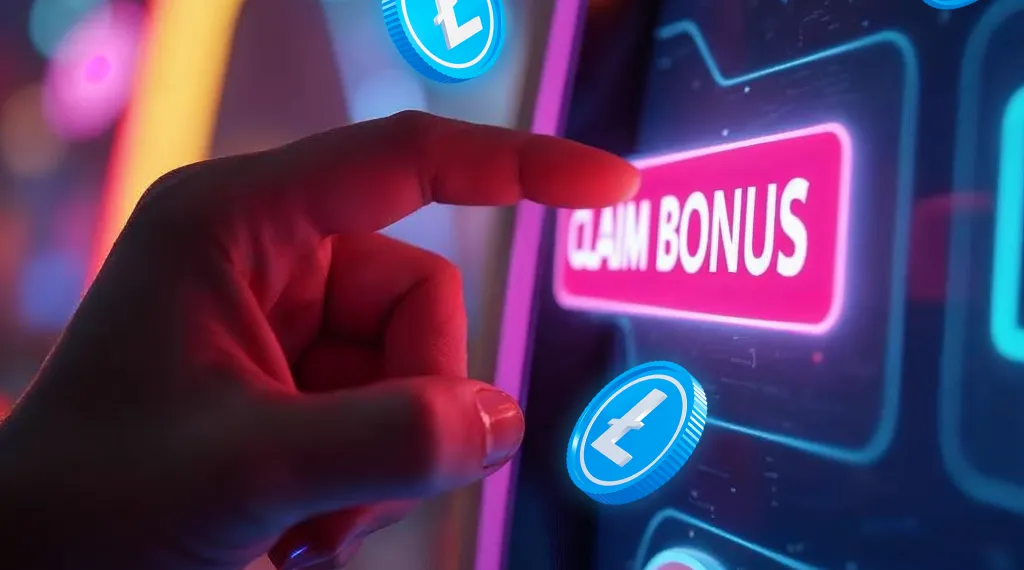 A hand reaching towards a glowing 'Claim Bonus' button, with floating Litecoin coins, representing the process of claiming bonuses and starting to play at a Litecoin casino.