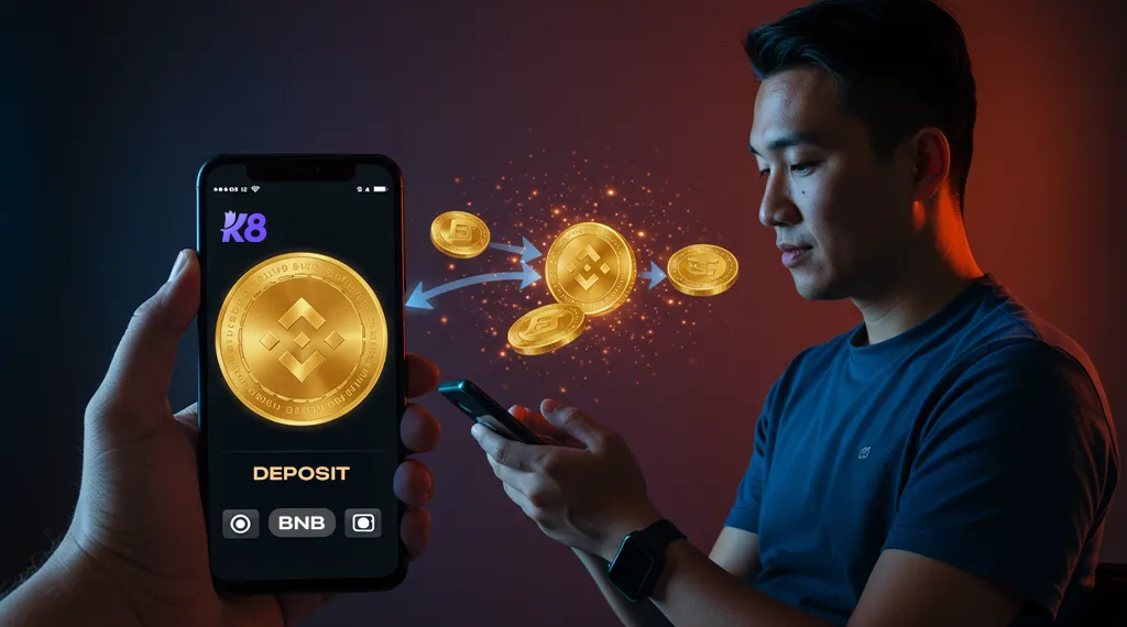 A person using a smartphone to deposit Binance Coin (BNB) into a K8 gaming account, with animated BNB coins transferring.