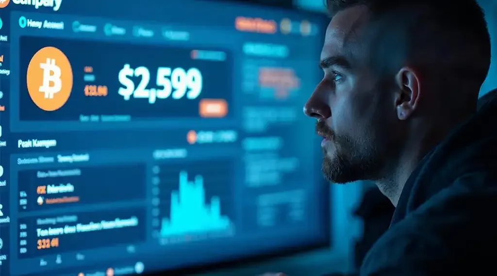 A man monitoring Bitcoin prices on a computer screen.