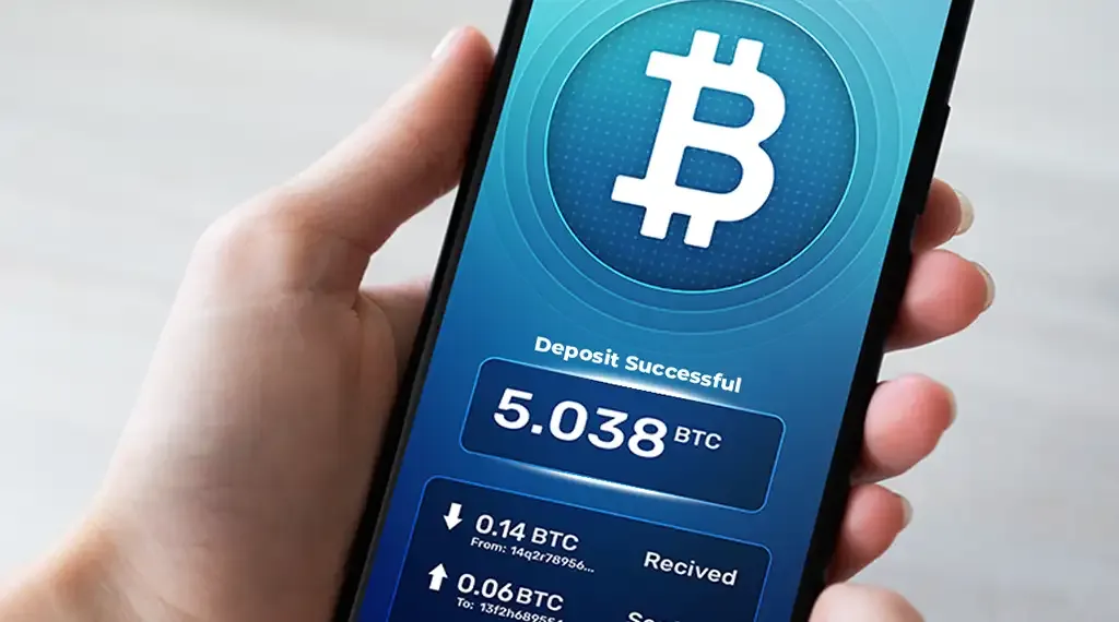 Smartphone displaying a successful Bitcoin deposit transaction.