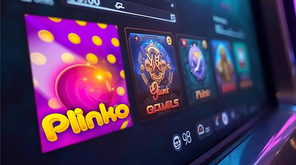 A close-up of a digital gaming interface featuring a vibrant Plinko game selection.