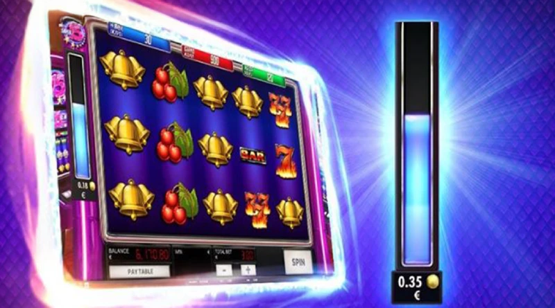 Slot machine with classic fruit symbols and a glowing progress bar