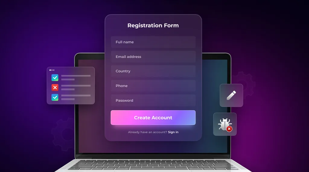 A registration form on a laptop screen with fields for name, email, country, phone, and password, indicating the sign-up process for a crypto casino.